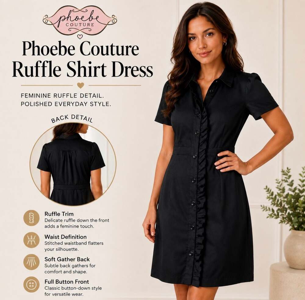 Phoebe Couture Black Silk Ruffled Button-Front Dress Size 10 Knee Length